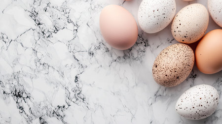 A beautiful arrangement of colorful eggs on a stylish marble surface, perfect for Easter or spring celebrations, showcasing natural textures and soft palettes.の素材