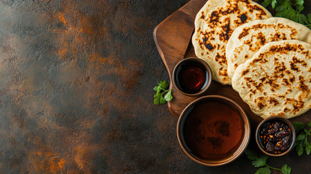 Enjoy a vibrant display of freshly made flatbreads accompanied by flavorful dips on a rustic wooden plate, perfect for sharing and savoring.の素材