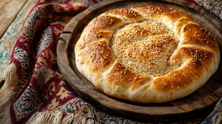 A beautifully baked sesame bread displayed on a rustic wooden plate, showcasing its golden crust and inviting texture. Perfect for culinary themes.の素材