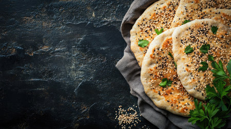 Enjoy a close-up of freshly baked flatbread garnished with herbs and seeds. This vibrant image captures the texture and warmth of artisanal bread, ideal for culinary inspiration.の素材