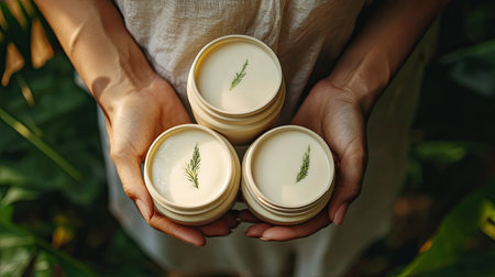 Three handcrafted candles are held in hands amidst lush greenery. Each candle features natural ingredients, highlighting the beauty of eco-friendly decor and relaxation.の素材