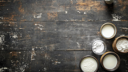 A rustic kitchen scene showcasing various ingredients in jars on a wooden table. The warm colors and textures create a cozy atmosphere for cooking.の素材