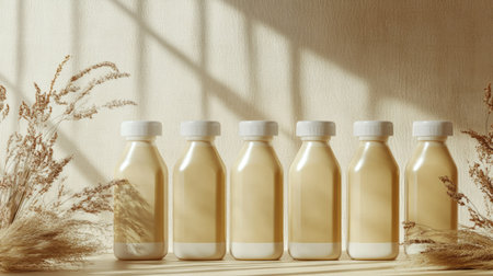 A minimalist still life featuring six cream-colored bottles arranged artistically, bathed in soft light with natural elements to enhance serenity.の素材
