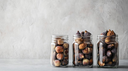A serene display of nuts and figs in glass jars against a textured background, showcasing the beauty of natural ingredients in a minimalistic style.の素材