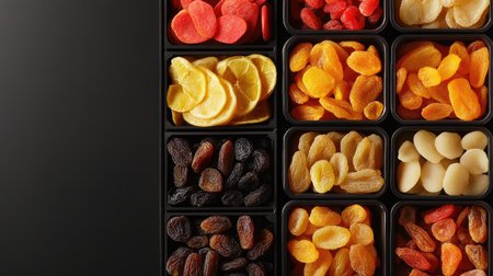 Explore a vibrant arrangement of assorted dried fruits featuring various colors and textures, perfect for healthy snacking or culinary inspiration.の素材