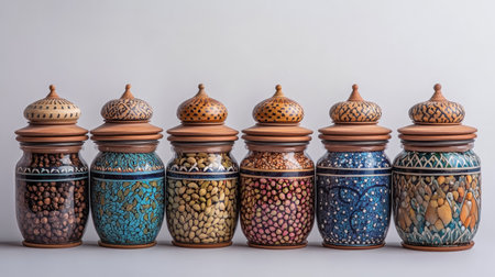 A visually appealing arrangement of decorative jars featuring unique patterns and vibrant colors, perfect for enhancing any home or kitchen decor.の素材