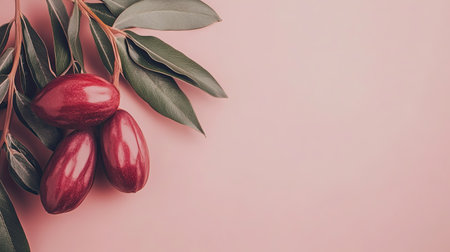 A beautiful composition featuring vibrant red olives nestled among green leaves on a soft pink background. Perfect for food-related projects.の素材