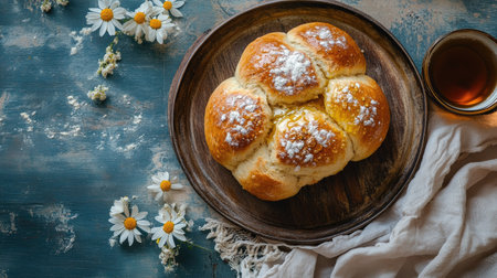 Enjoy this beautiful still life featuring a freshly baked bread topped with powdered sugar, set against a rustic background with delicate flowers.の素材