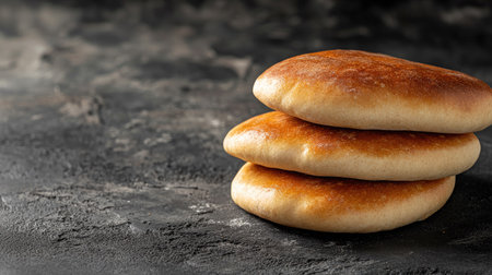 Three freshly baked soft bread rolls stacked on a dark textured surface, showcasing a golden-brown crust and inviting warmth, perfect for culinary delights.の素材