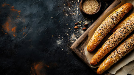 Indulge in the warm aroma of freshly baked bread loaves topped with sesame seeds. Perfect for culinary creations and rustic presentations.の素材