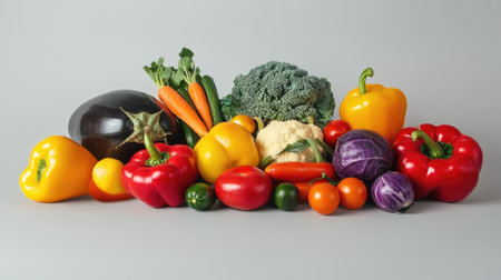 A vibrant collection of fresh vegetables showcases a variety of colors and textures, perfect for healthy cooking or as a centerpiece in food photography.の素材