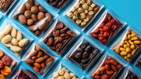 This image showcases a variety of nuts and dried fruits presented in clear packaging, highlighting healthy snack options for consumers seeking nutritious foods.の素材