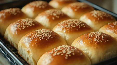 A tray of freshly baked sesame seed buns showcasing a golden, shiny crust. Perfect for meals, gatherings, or as a delightful snack. Enjoy the homemade taste!の素材
