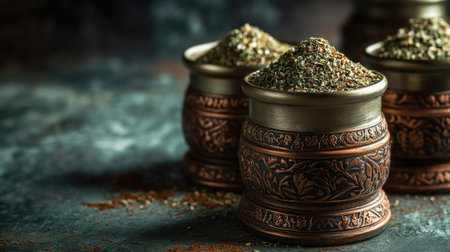 Discover a captivating still life of spice containers filled with aromatic herbs, showcasing a blend of tradition and culinary artistry in a rustic setting.の素材