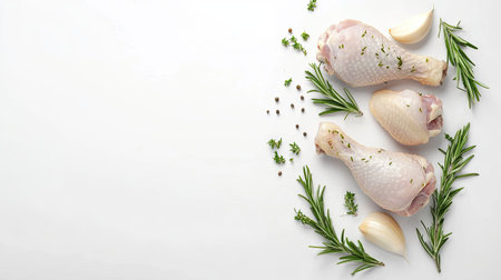 Fresh chicken drumsticks arranged with herbs and garlic on a clean white background, ideal for culinary presentations or recipe illustrations.の素材