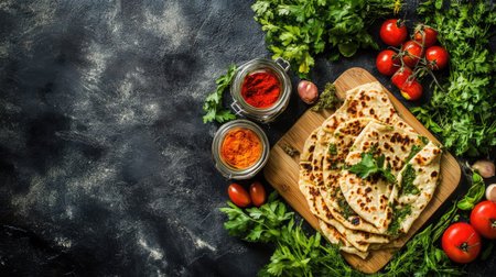 A delicious arrangement of fresh flatbread adorned with herbs and spices, surrounded by vibrant tomatoes and garnishes, perfect for a rustic meal.の素材