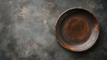 A rustic plate rests on a dark textured surface, showcasing vintage charm and minimal design. Ideal for food photography or culinary themes.の素材
