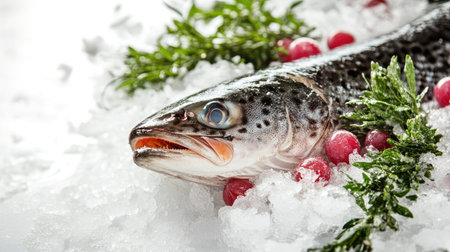 A fresh fish elegantly displayed on ice, surrounded by vibrant red berries and sprigs of herbs, perfect for culinary presentations or seafood-focused recipes.の素材