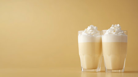 Two glasses of creamy beverage topped with fluffy whipped cream. The soft golden background enhances the inviting appearance of the drink. Ideal for cafの素材