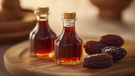 Two elegant glass bottles filled with syrup are placed beside fresh dates on a rustic wooden board, showcasing a luxurious and wholesome culinary experience.の素材