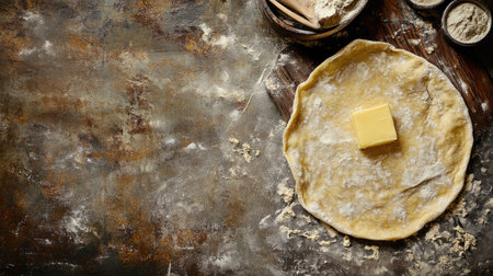 A rustic baking scene featuring a round pastry dough with a stick of butter on top. The wooden table and scattered ingredients create an inviting atmosphere for cooking.の素材