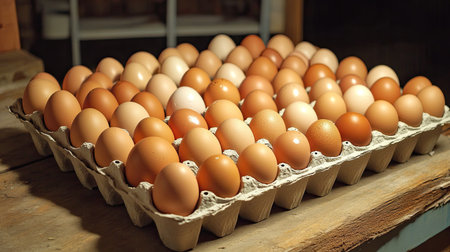 A beautiful display of fresh eggs arranged in a carton on a rustic wooden surface, showcasing both brown and white eggs, perfect for food photography.の素材