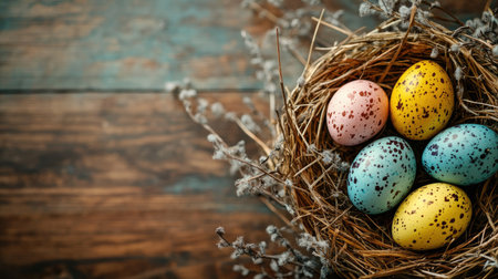 A charming arrangement of colorful Easter eggs nestled in a rustic nest on a wooden background, perfect for seasonal decoration and holiday celebrations.の素材