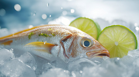 A vibrant fish resting on ice with fresh lime slices, perfect for culinary presentations. Ideal for seafood dishes and gourmet recipes.の素材