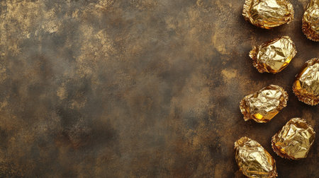 Luxurious gold foil wrapped treats are elegantly arranged on a rustic background, perfect for showcasing gourmet snacks at events or celebrations.の素材