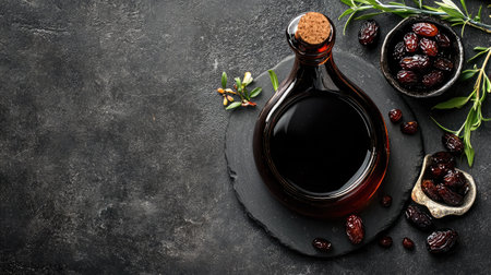 A dark glass bottle holds rich olive oil surrounded by black olives on a slate surface. Perfect for culinary displays or healthy food concepts.の素材