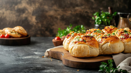 A collection of freshly baked rolls placed on a rustic wooden board, garnished with herbs. Perfect for food photography or culinary inspiration.の素材