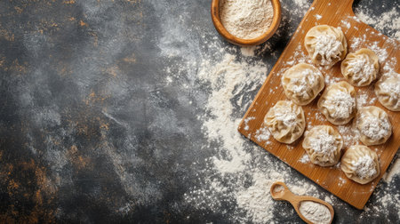 A delicious arrangement of fresh dumplings on a wooden board with flour scattered around, showcasing a delightful culinary preparation scene perfect for food lovers.の素材