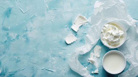 A stylish arrangement featuring creamy dairy products on a soft blue surface. Perfect for culinary themes, food blogs, or lifestyle projects showcasing freshness and creativity.の素材