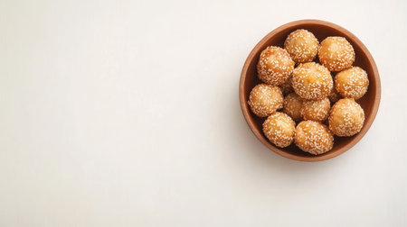 A close-up view of golden sesame balls in a wooden bowl, perfect for festive celebrations or casual snacking. These sweet treats offer a delightful crunch and texture.の素材