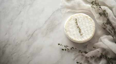 A round creamy cheese garnished with fresh thyme rests on an elegant marble surface, creating a simple yet sophisticated culinary presentation.の素材