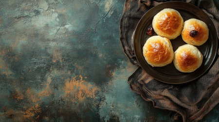 A warm and inviting image of freshly baked buns on a rustic plate, perfect for breakfast or a cozy gathering. Ideal for food photography and culinary projects.の素材