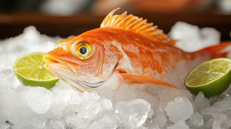 A vibrant fresh fish resting on ice, adorned with lime slices, perfect for culinary presentations or seafood market promotions.の素材