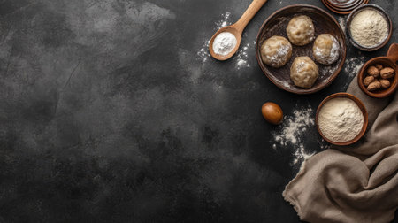 A captivating arrangement of baking ingredients on a dark surface, featuring bowls of flour, sugar, and nuts, presented in a rustic style, perfect for culinary projects.の素材