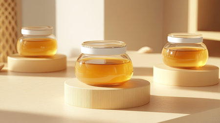 Three elegantly arranged glass jars filled with golden honey on light wooden pedestals. Soft lighting creates a warm and inviting atmosphere, perfect for culinary displays.の素材