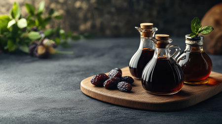 A captivating still life featuring various glass bottles filled with rich oils, set on a wooden surface, alongside dark dates and fresh herbs.の素材