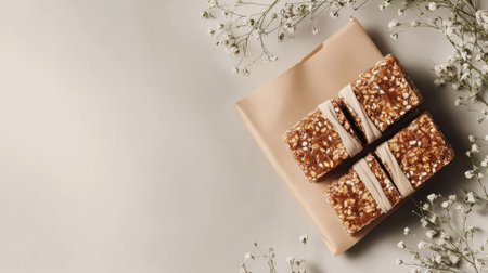 A beautiful arrangement of delicious handmade snack bars surrounded by delicate flowers. Ideal for showcasing healthy snacks in lifestyle photography.の素材