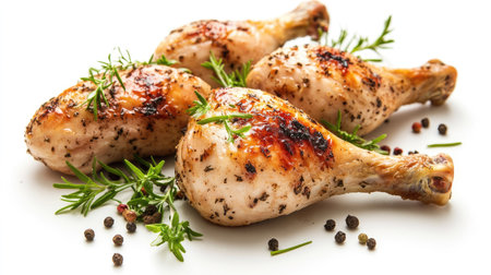 Juicy grilled chicken drumsticks garnished with herbs, presenting a delicious and appetizing meal perfect for any occasion. Ideal for culinary projects.の素材