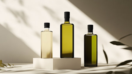 Three elegant olive oil bottles in a minimalist display, showcasing natural hues and refined shapes. Ideal for food and styling concepts.の素材