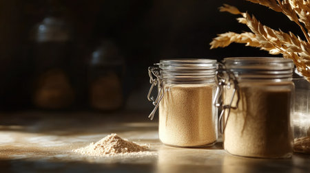 This image features jars filled with various ingredients on a rustic table, highlighting the beauty of natural food preparation and culinary creativity.の素材
