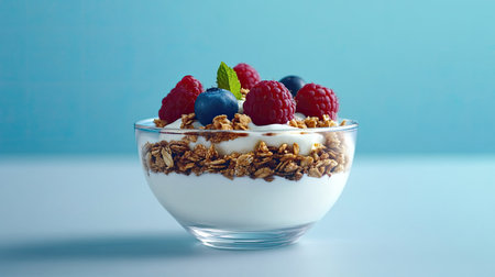 A bowl of yogurt with granola and fresh berries on top, placed on a clean surface with copy space.の素材