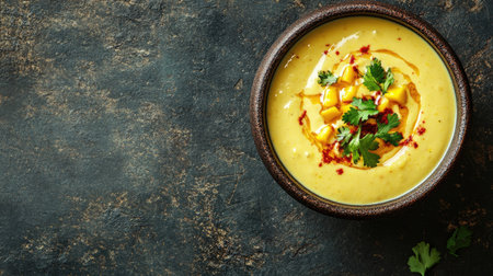 A bowl of creamy mango lassi with saffron garnish, on a clean surface with ample space for text.の素材