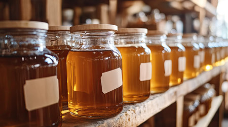 A row of glass jars filled with golden liquid sits on wooden shelves, showcasing a rustic and inviting storage solution for natural sweeteners.の素材