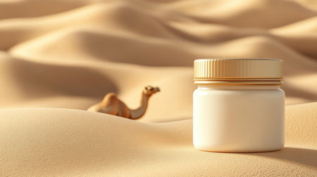 A serene scene featuring a cream jar in a sandy desert alongside a camel, highlighting the minimalist beauty of nature and product design in an arid environment.の素材