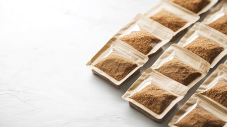 A visually appealing arrangement of brown sugar packets on a white surface, perfect for food-related projects, recipes, and culinary themes.の素材