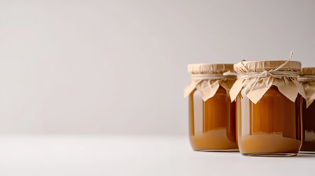 Explore beautiful glass jars filled with organic honey on a clean light background, perfect for showcasing healthy gourmet ingredients in culinary creations.の素材
